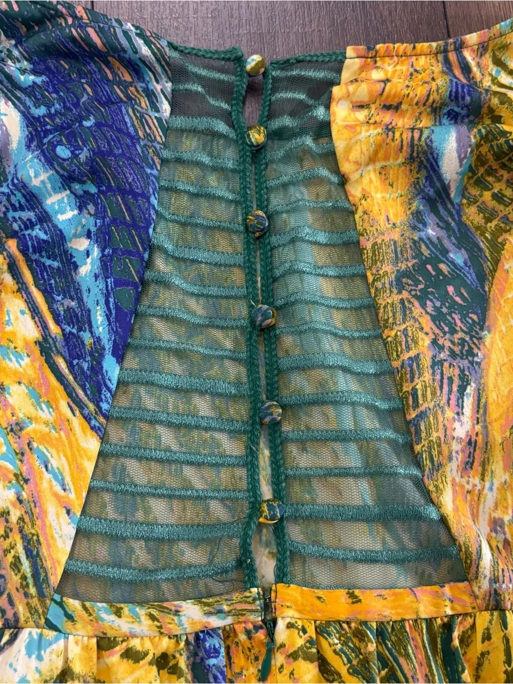 Free People Vibrant Abstract Print Mini Dress, Embellished Neck, Pockets, Size 4